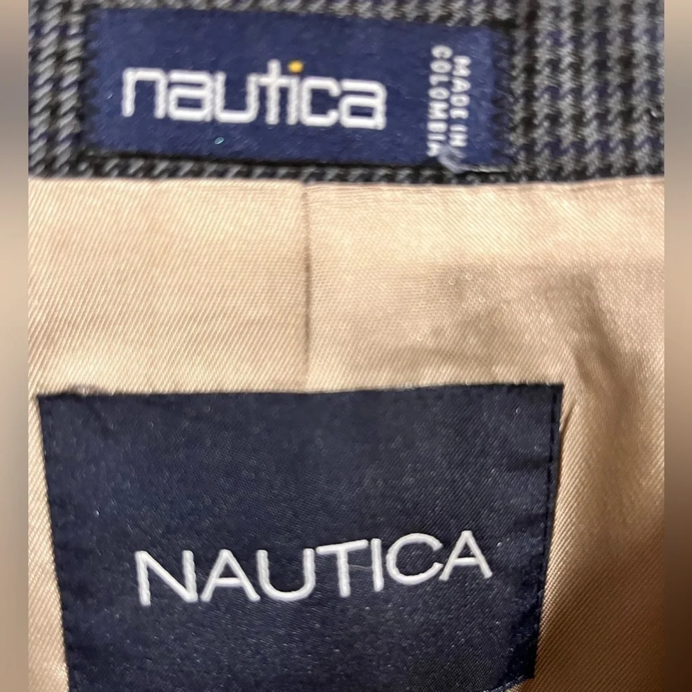Nautica Wool 3 Button‎ Gray Blue Black Houndstooth Sport Coat Jacket Blazer 42R